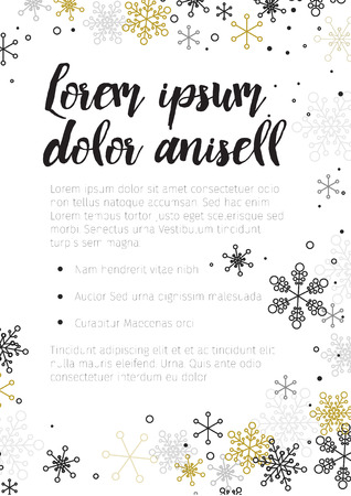 Minimalist Christmas flyer  card temlate with black and golden snowflakesのイラスト素材