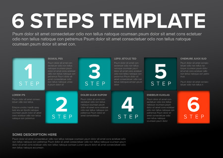 One two three four five six - vector squares progress steps template with descriptions and icons - dark teal red versionのイラスト素材