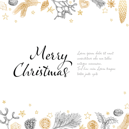 Vector vintage hand drawn Christmas card template with various seasonal shapes - ginger breads, mistletoe, cone, nutsのイラスト素材