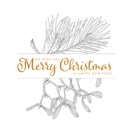 Vector vintage hand drawn Christmas card template with pine tree branchlet and mistletoeのイラスト素材