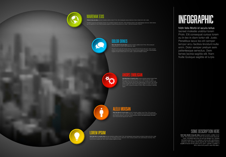 Vector Infographic template with big photo placeholder, icons and color buttons. Business company overview profile - dark version.のイラスト素材