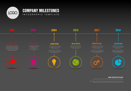 Vector Infographic Company Milestones Timeline Template with pointers on a straight horizontal time line - dark versionのイラスト素材