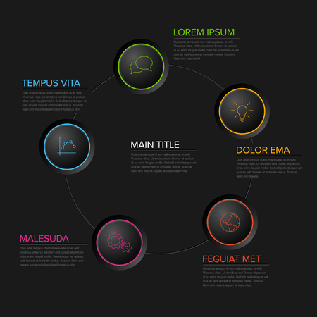 Five circles diagram template with color circle buttons - multipurpose dark infographicのイラスト素材