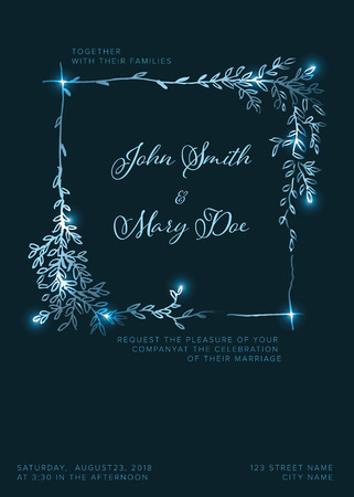 Vector blue silver wedding invitation template with leafs and branchesのイラスト素材