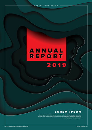 Vector abstract annual report cover template with sample text and abstract paper cut background - teal and red versionのイラスト素材