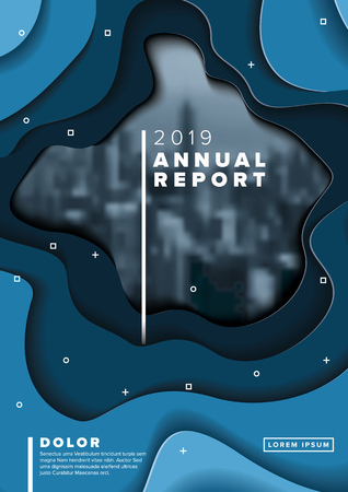 Vector abstract annual report cover template with sample text and abstract paper cut background - blue version with photoのイラスト素材