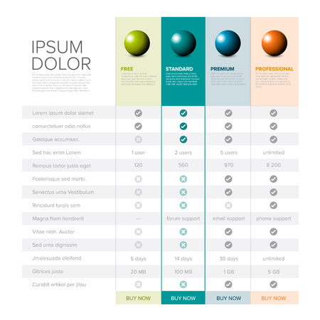Products features list table template with products or services boxes, options, description, featuresのイラスト素材