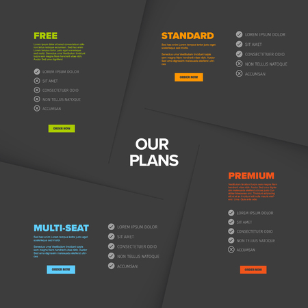 Product features schema template papers with four services, feature lists, order buttons and descriptions - dark versionのイラスト素材