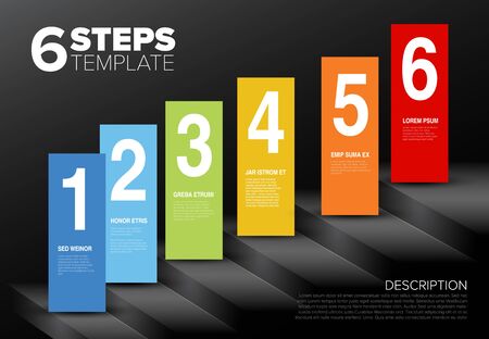Vector progress template for six steps or options and sample text content in blocks - on dark backgroundのイラスト素材