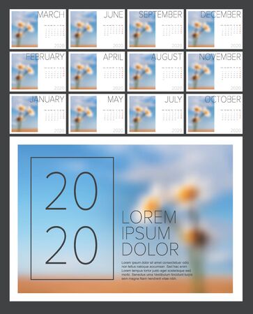 Vector calendar template with sample nature photo for the year 2020 - 12 sheets + coverのイラスト素材
