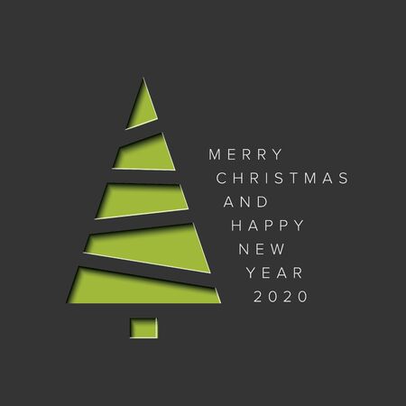 Vector Merry Christmas card with a green minimalistic tree cut of  from paperのイラスト素材