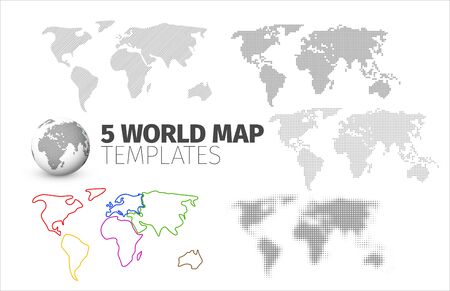 Collection of World map templates made from diagonal lines, dots or halftone for your infographics reportsのイラスト素材