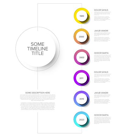 Vector Infographic timeline template with vertical line, circle buttons with shadow and various descriptionsのイラスト素材