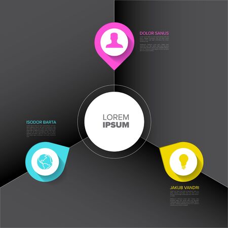 Vector multipurpose Infographic template with three elements options and modern colors on a dark  background - cyan, magenta, yellow versionのイラスト素材