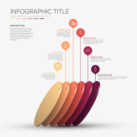 Vector Infographic diagonal circle layers template with six level desks for material structure - red  color template with light backgroundのイラスト素材