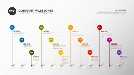 Full year timeline template with all months on a horizontal time line as a circle dropletsのイラスト素材