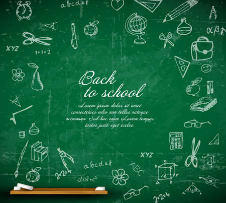 Back to school vector illustration on a green chalkboard with icons - school flyer advertisementのイラスト素材
