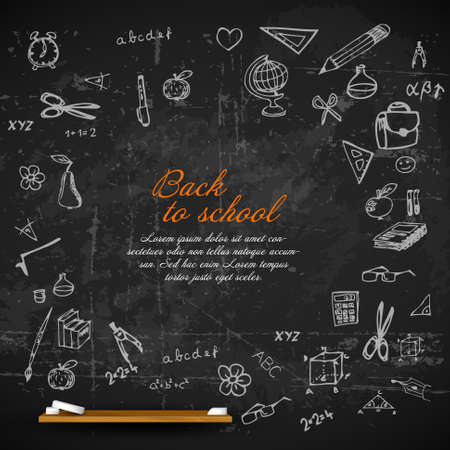 Back to school vector illustration on a blackboard with chalk icons - school education flyer advertisementのイラスト素材