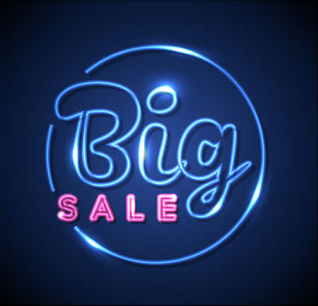 Big blue and pink sale advertisement with sparks made from neon lightsのイラスト素材