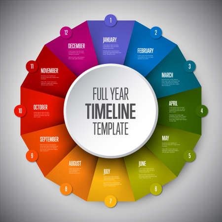 Full year timeline template with all months on circle folded rainbow papersのイラスト素材