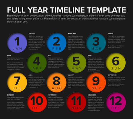 Full year timeline template with all months in circle mosaic - dark color versionのイラスト素材