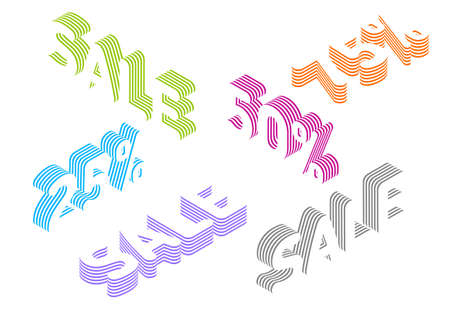 Collection of sale tags with percentage discount made from layered isometric textsのイラスト素材