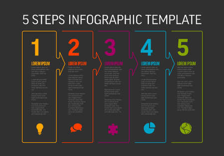One two three four five - vector light progress steps template with descriptions, icons and thin color line border - dark versionのイラスト素材