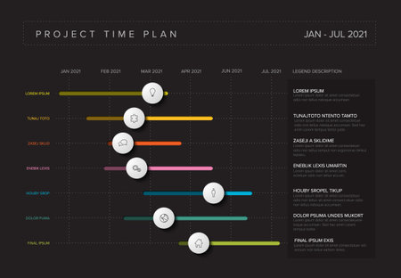 Vector project timeline graph - gantt progress chart with highlighet project tasks with icons in time intervals - dark versionのイラスト素材