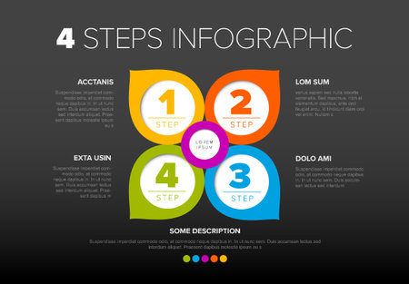 Vector light progress steps template with descriptions, icons and circles with arrows - simple colorful quatrefoil infographicのイラスト素材