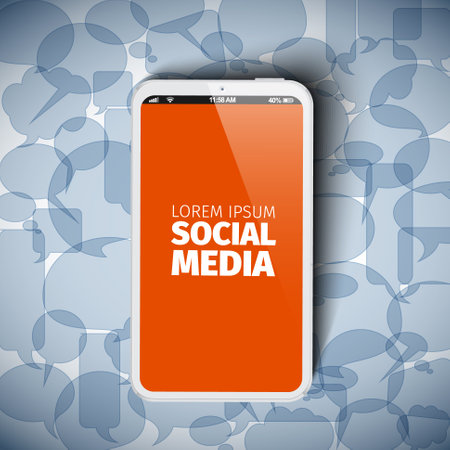 Social media concept illustration with smartphone, blue speech bubbles and place for your text contentのイラスト素材