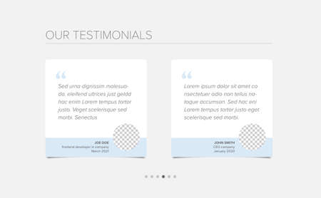 Simple white minimalistic testimonial review section layout template with two testimonials, testimonial photo placeholders, quotes and blue color accentのイラスト素材
