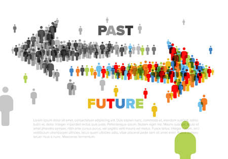 Two arrows made from people icons pointing forward to the future and backward to the past.のイラスト素材