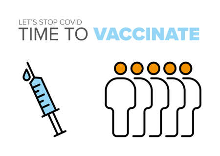 Time to vaccinate poster flyer template layout with injection with vaccine and people for vaccination. White background poster flyer banner concept imageのイラスト素材