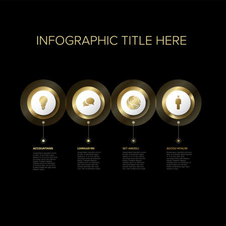 Vector multipurpose Infographic template with four elements options - premium golden version on a dark background. Four golden infochart template with luxury golden iconsのイラスト素材