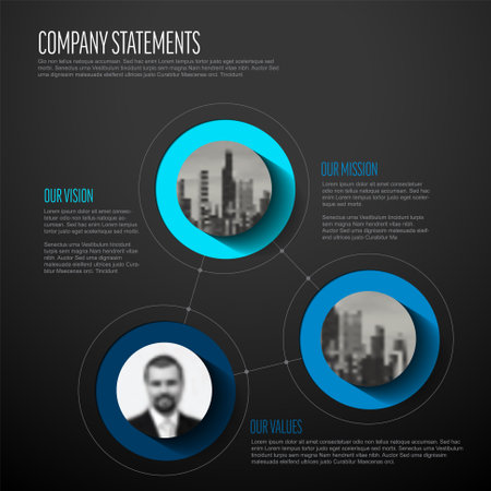 Vector Mission, vision and values company diagram schema infographic statement with circle photo placeholders for corporate images. Three strategy business goal elements with some descriptions - dark version.のイラスト素材
