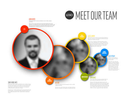 Company team presentation template with team profile photos circle placeholders with some sample text about each team member - photo team members placeholders with descriptionsのイラスト素材