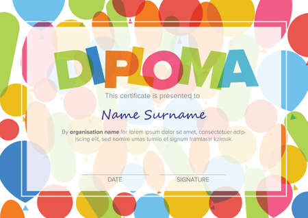 Colorful child diploma certificate template with color baloons and big color lettering. Kids diploma certificate template ready to print in a4 sizeのイラスト素材