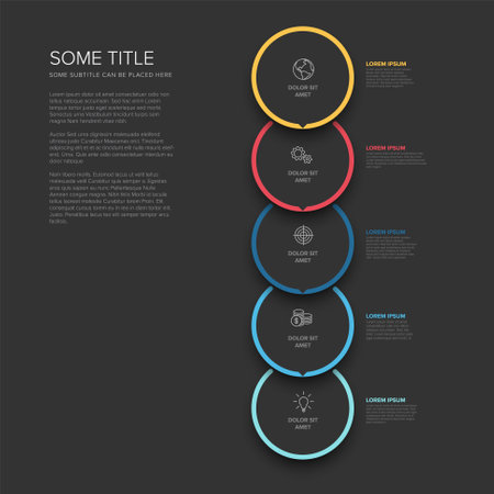 Vector vertical dark process progress template diagram schema with five steps icons and descriptions. black circles on dark background with color border frames and minimalistic arrowのイラスト素材