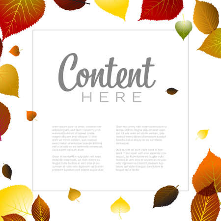 Autumn leafs background flyer template with white square frame and text content. Simple fall template for advetisement, banner or social media post statusのイラスト素材