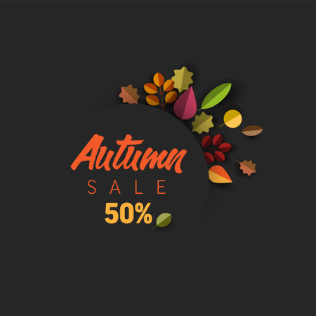 Autumn minimalist sale circle label made from minimalist leafs with place for your text. Circle fall discount flyer banner social media post status or cover illustration - dark versionのイラスト素材