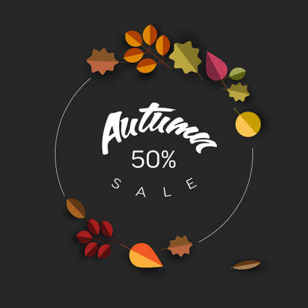 Autumn dark minimalist sale circle label made from minimalist leafs with place for your text. Circle fall discount flyer banner social media post status or cover illustrationのイラスト素材