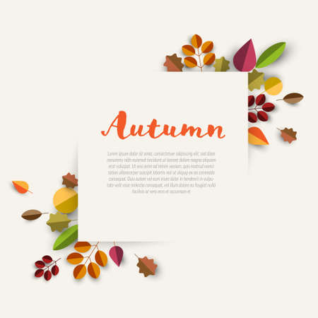 Autumn minimalist sale square label made from minimalist leafs with place for your text. Square fall discount flyer banner social media post status or cover illustrationのイラスト素材