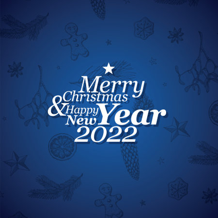 Abstract vector typography Christmas card template with season words and blue christmas pattern in the background - simple clear 2022 New Year cardのイラスト素材