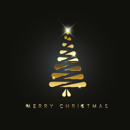 Simple vector christmas card with abstract golden christmas tree made from golden metallic droplet blocks - original simple minimalistic new year cardのイラスト素材
