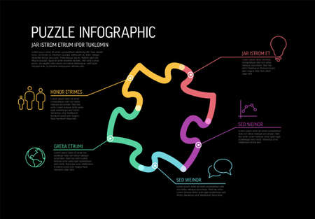 Vector puzzle Infographic report template made from thick marker lines and icons in the shape of puzzle piece with icons and descriptions on black backgroundのイラスト素材