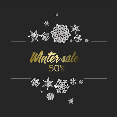 Winter cool minimalist sale circle label made from minimalist paper cut snowflakes with place for your text. Winter discount flyer banner social media post status or cover illustration - dark versionのイラスト素材
