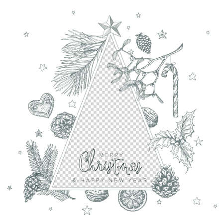Vintage vector hand drawn Christmas card with family photo placeholder - customizable editable family christmas card layout template - white version with triangle and gray elementsのイラスト素材