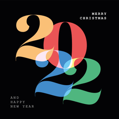 Minimalistic fresh modern Happy new year black card template layout with big color numbers 2022....