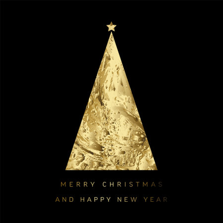 Vector black modern simple trendy christmas card with abstract golden triangle christmas tree and minimalistic simple lettering. Metallic golden trendy happy new year card layout.のイラスト素材