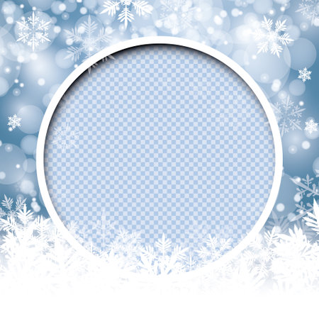 Circle frozen window frame layout template with place for your photo. Simple winter layout template for your winter card, social media post status, flyer, header or bannerのイラスト素材